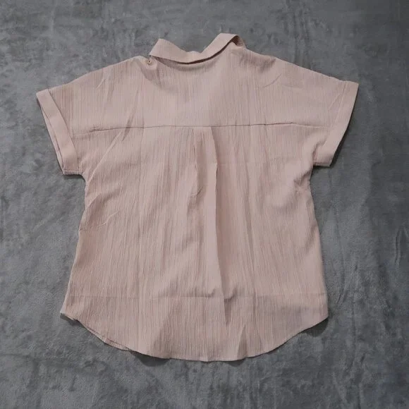 Zeagoo Shirt Womens L Cream Blouse Button Down Collared Short Sleeve Cuffed Hem - Picture 5 of 12